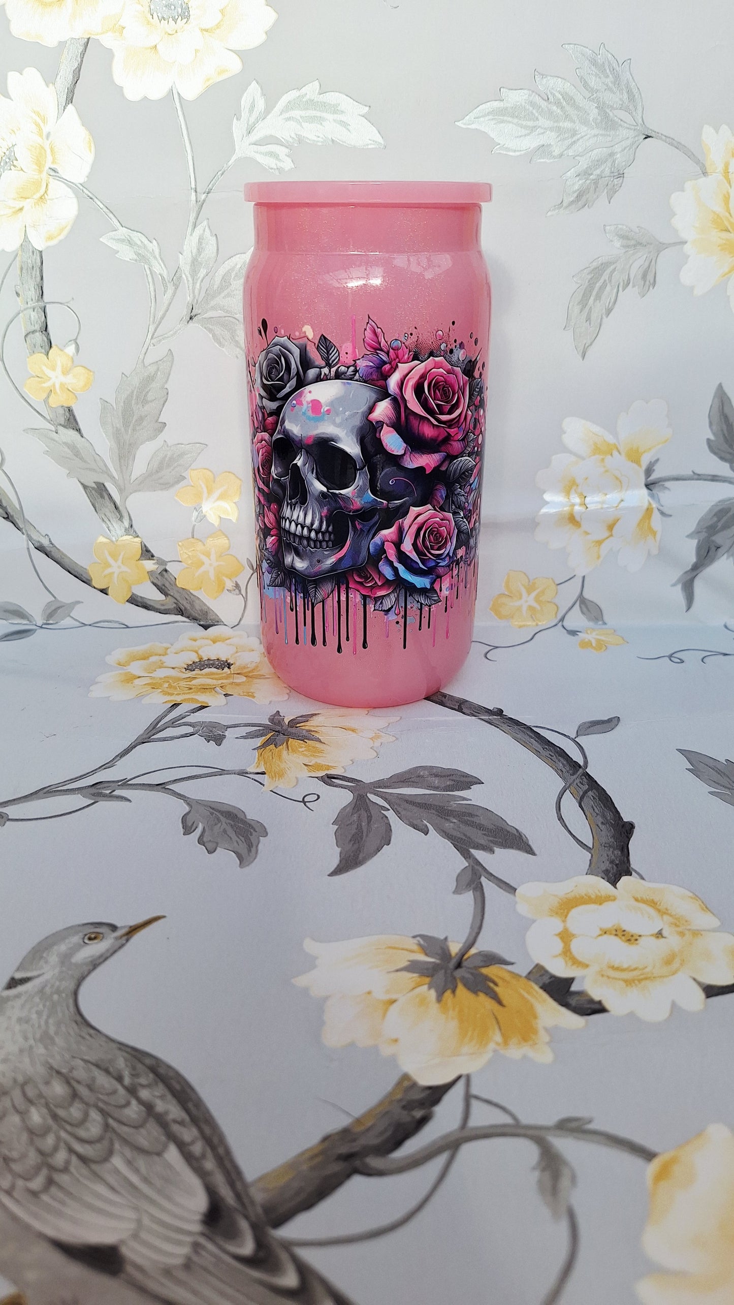 Floral Skull Glass Tumbler