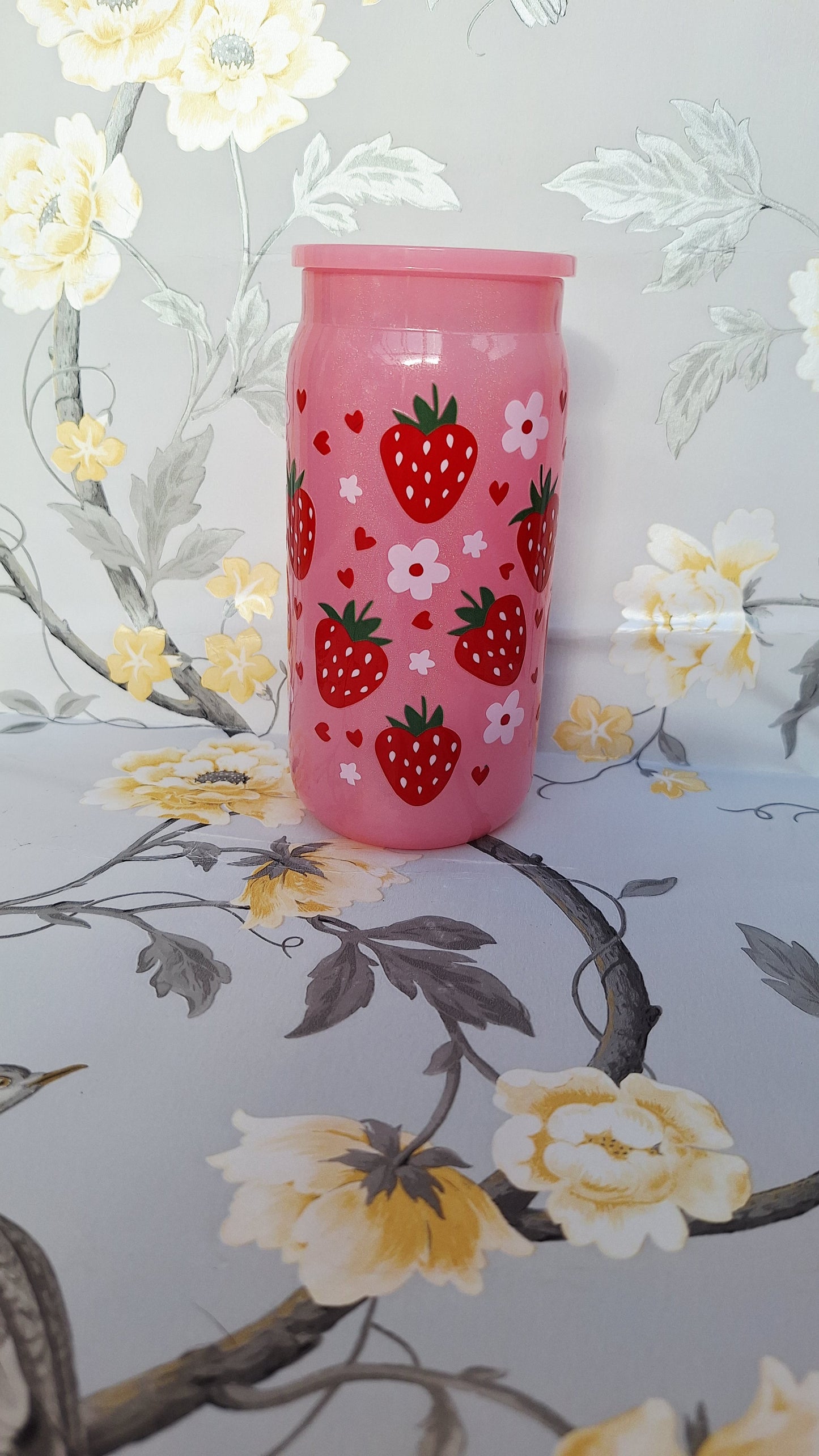 Pink Strawberries Glass Tumbler