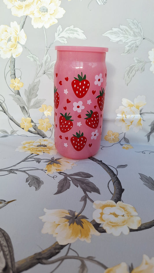 Pink Strawberries Glass Tumbler