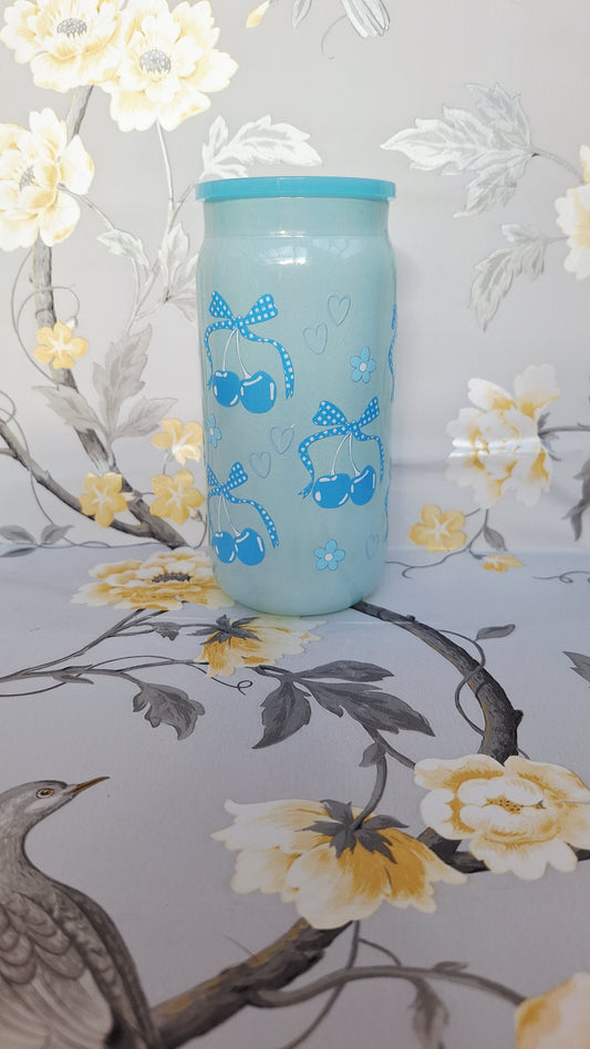 Blue Cherries & Bows Glass Tumbler
